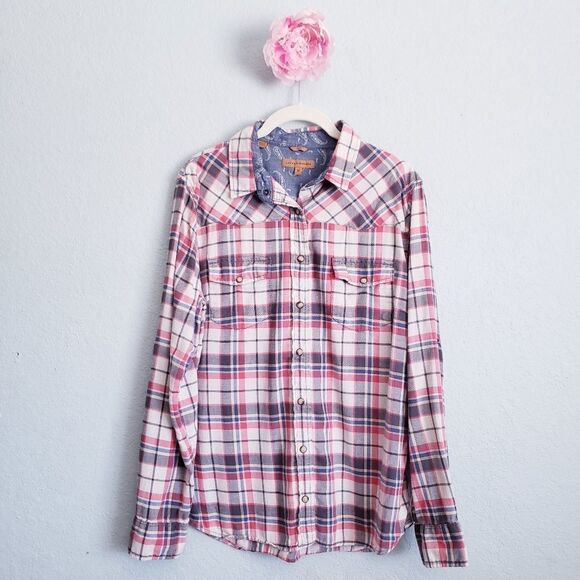 Jachs Girlfriend Blue and Red Plaid Snap Buttondown Cotton Flannel - Picture 1 of 7